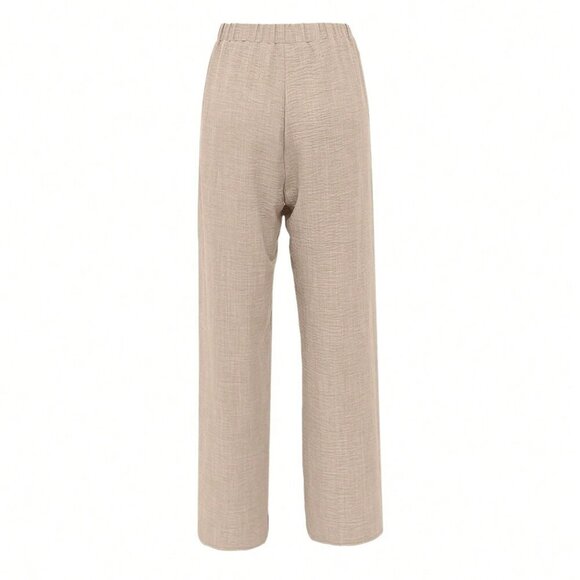 Khaki Casual Women's Side Lace Solid Denim Effect Long Pants - Picture 2 of 4